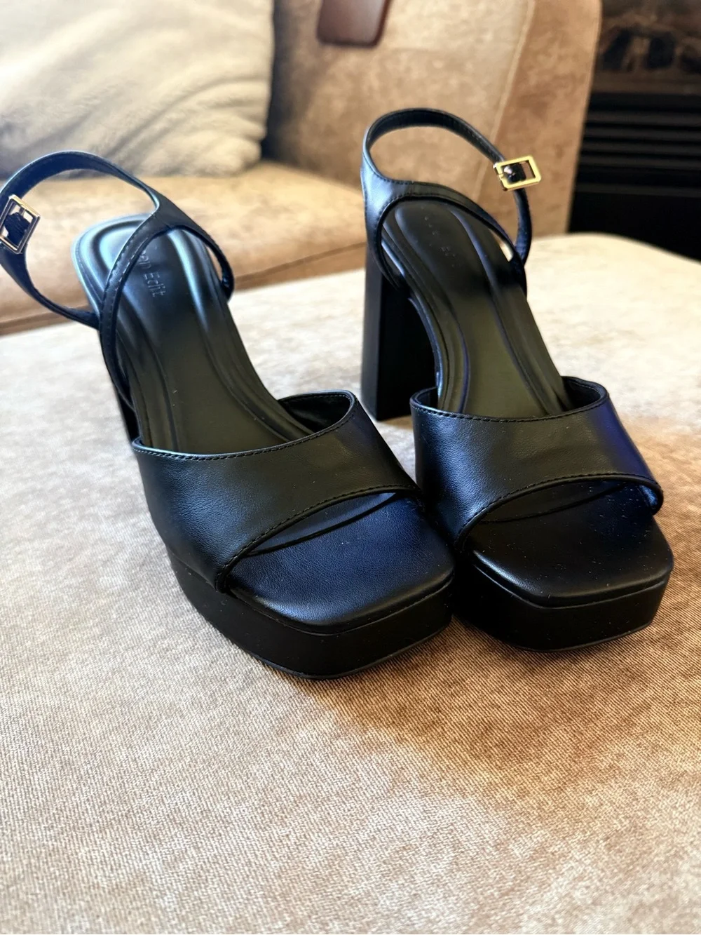Open Edit Whitney Black Platform Block Heel Sandals | Size 7.5